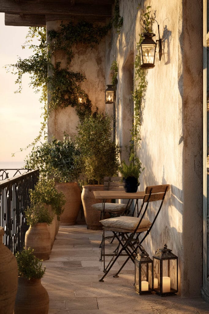 Mediterranean balcony with rustic lanterns, terracotta pots, wrought iron bistro chairs, climbing vines, and warm outdoor lighting.
