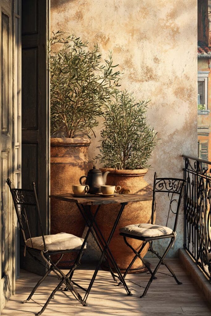 Mediterranean balcony café corner with wrought iron bistro set, terracotta planters, olive trees, stucco wall, and outdoor coffee table.