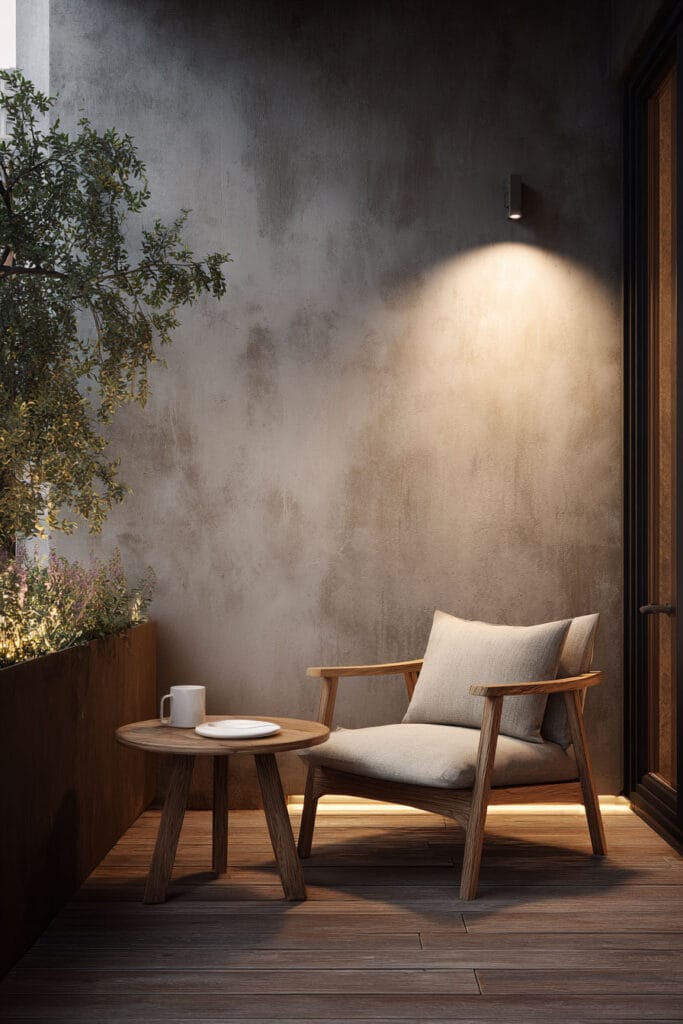 Modern balcony with architectural wall lighting, minimalist wood furniture, concealed LED lighting, and contemporary outdoor lounge design.