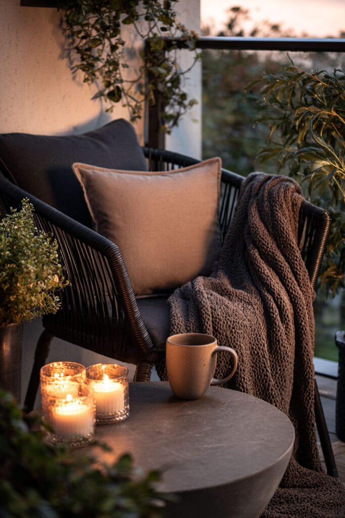Moody balcony chair with knit throw blanket, neutral pillows, candlelight, coffee mug, and surrounding greenery at sunset.