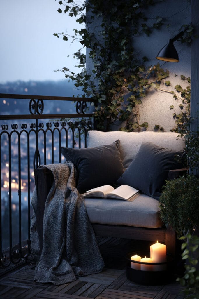 Moody balcony reading nook with cozy chair, candles, climbing ivy, soft throw blanket, open book, and city view at dusk.