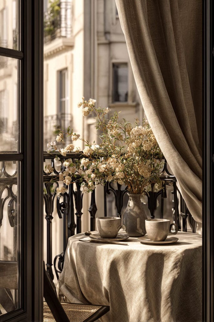 Paris balcony coffee table with linen tablecloth, ceramic coffee cups, fresh flowers, wrought iron railing, and soft linen curtains