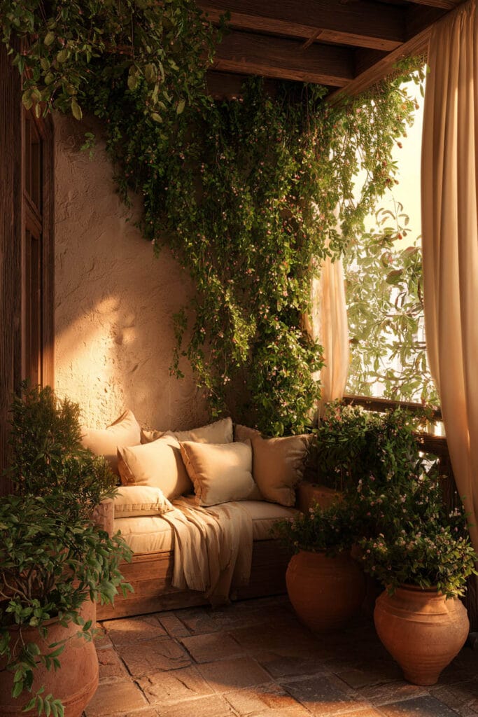 Mediterranean balcony with layered greenery, flowering vines, terracotta pots, cozy built-in seating, and warm golden sunlight creating a private outdoor retreat.
