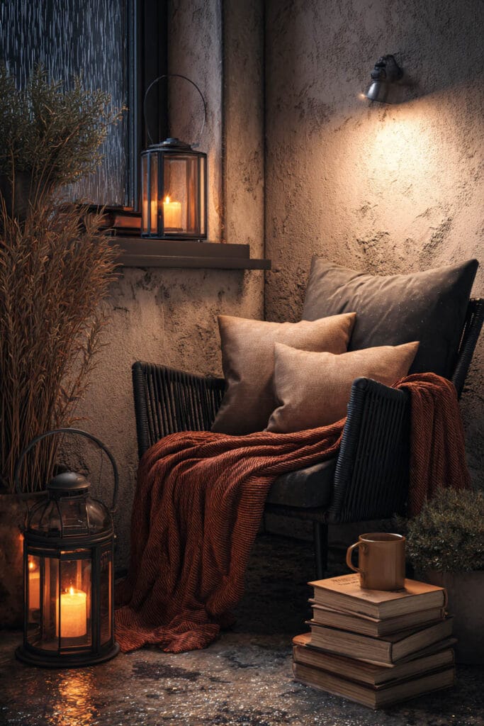 Cozy balcony reading nook with lanterns, books, soft blanket, armchair, and warm lighting during a rainy evening.