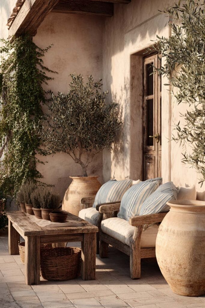 Mediterranean balcony with rustic wood furniture, oversized terracotta urns, olive trees, striped cushions, and coastal Mediterranean decor.