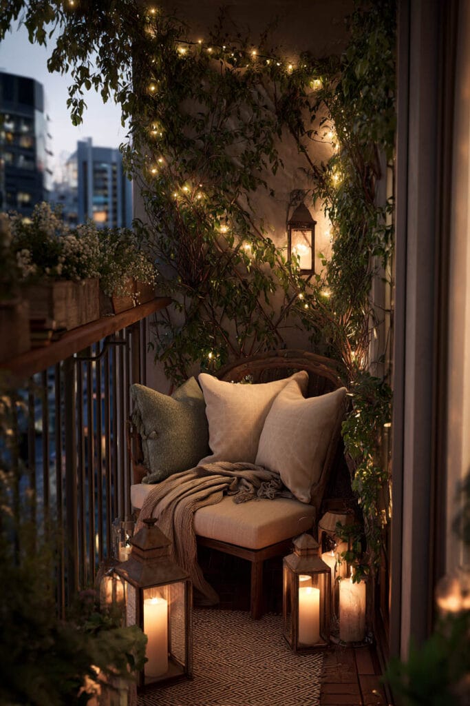 Small balcony with candle lanterns, fairy lights, climbing vines, cozy chair seating, and warm ambient lighting at dusk.