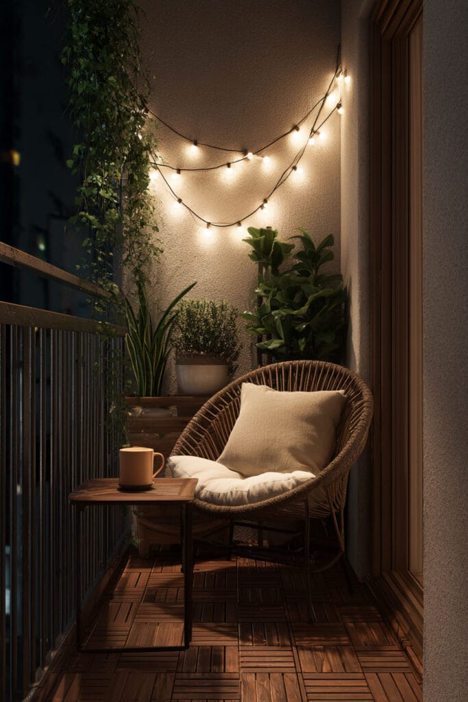 Tiny balcony with warm string lights, woven chair, potted plants, and cozy seating creating an inviting outdoor space at night