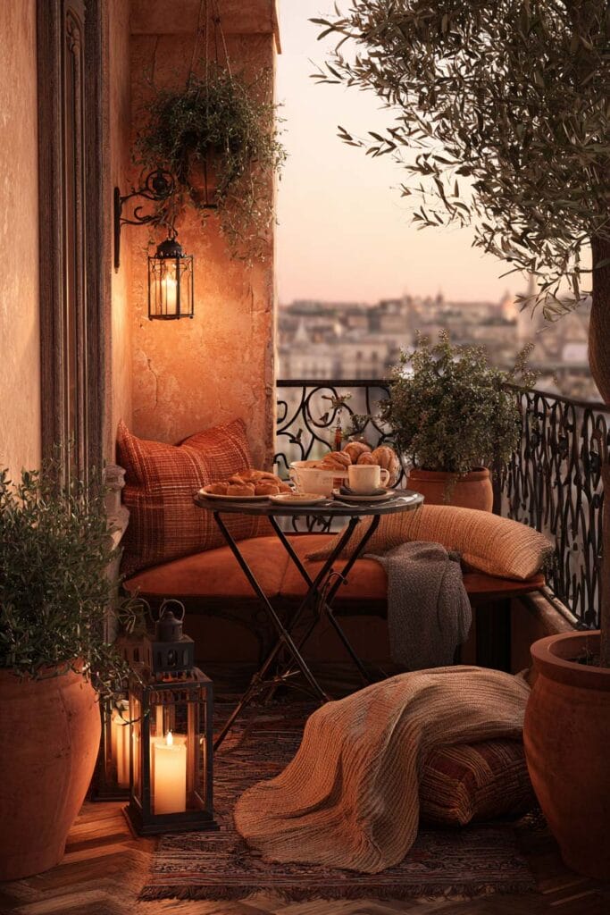 Tiny romantic balcony with built-in bench seating, café table, lantern candlelight, terracotta pots, and cozy outdoor decor.