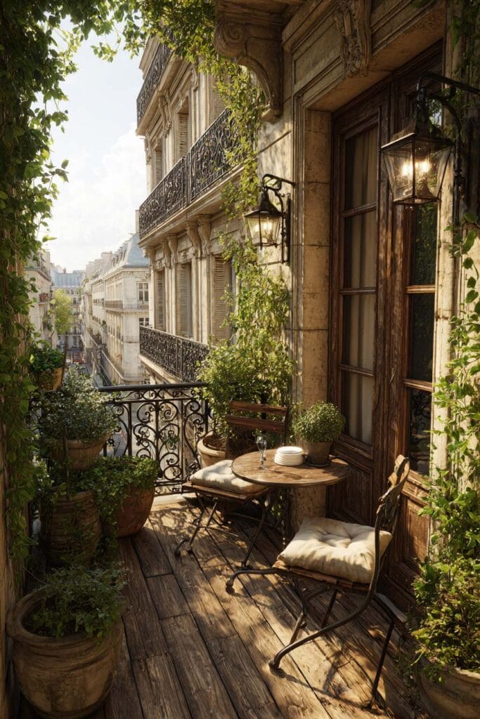 French balcony with vintage-inspired bistro furniture, weathered wood flooring, wrought iron railings, climbing vines, lanterns, and classic Parisian architecture.