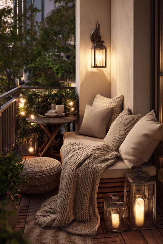 Romantic balcony with warm neutral colors, chunky knit blanket, lantern candles, cozy seating, and soft outdoor lighting.