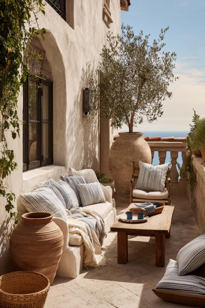 Mediterranean balcony with terracotta urns, olive tree planter, striped cushions, rustic wood furniture, climbing vines, and coastal sea view.