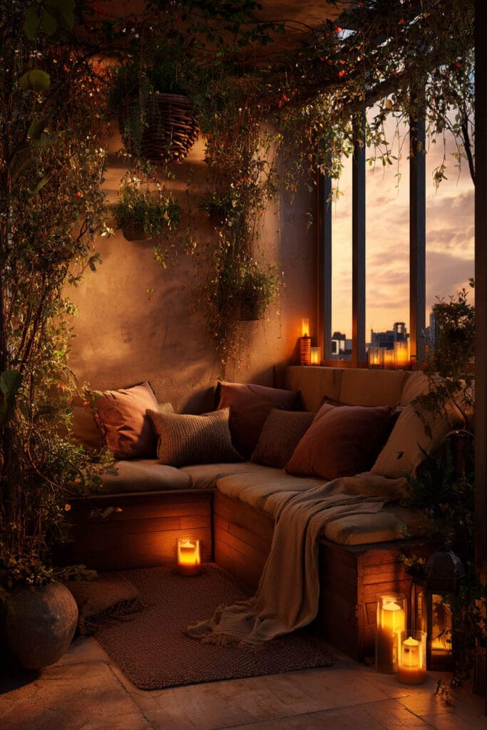 Cozy balcony with candlelight, hanging plants, warm wood seating, layered greenery, and ambient evening lighting at sunset.