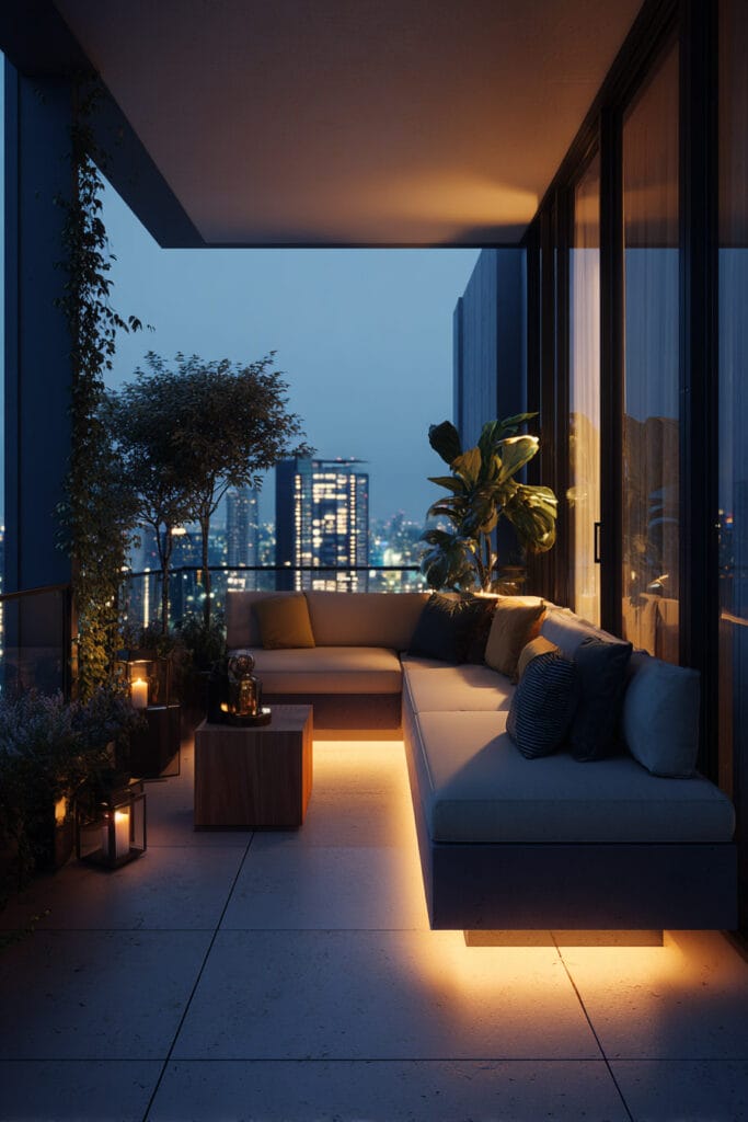 Luxury modern balcony with illuminated built-in seating, concealed LED lighting, city skyline views, and upscale contemporary outdoor design.