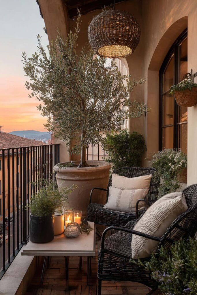 Mediterranean balcony at sunset with olive tree, wicker chairs, woven pendant light, candles, outdoor seating, and warm evening ambiance.