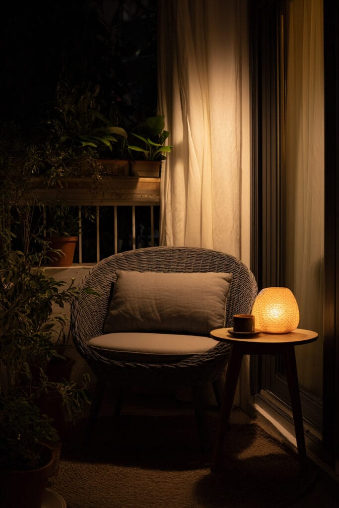 Minimalist balcony lighting with a warm table lamp, wicker lounge chair, potted plants, sheer curtains, and cozy nighttime ambiance.