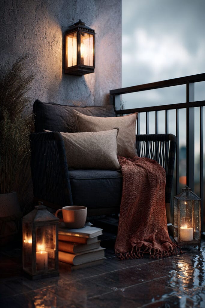 Moody balcony reading nook with lounge chair, lanterns, books, throw blanket, candlelight, and warm evening lighting.