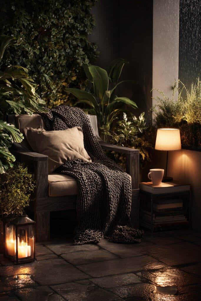 Moody balcony reading nook with wooden lounge chair, chunky knit blanket, lantern candles, table lamp, lush plants, and rainy evening atmosphere.
