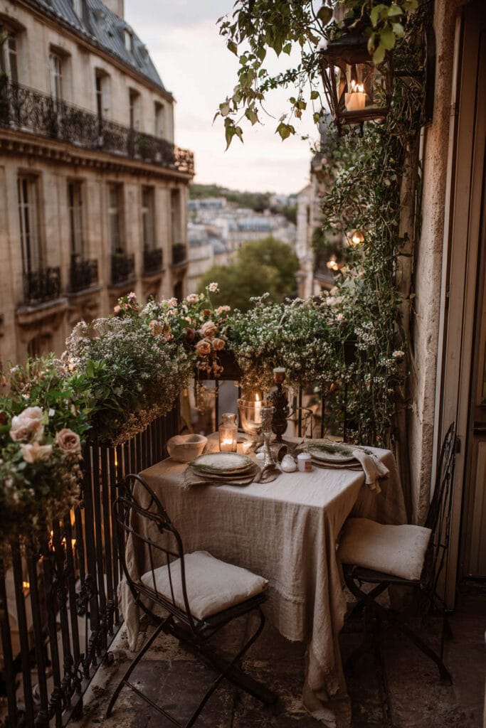 Paris balcony dining table with linen tablecloth, candlelight, flower boxes, wrought iron chairs, and romantic café atmosphere