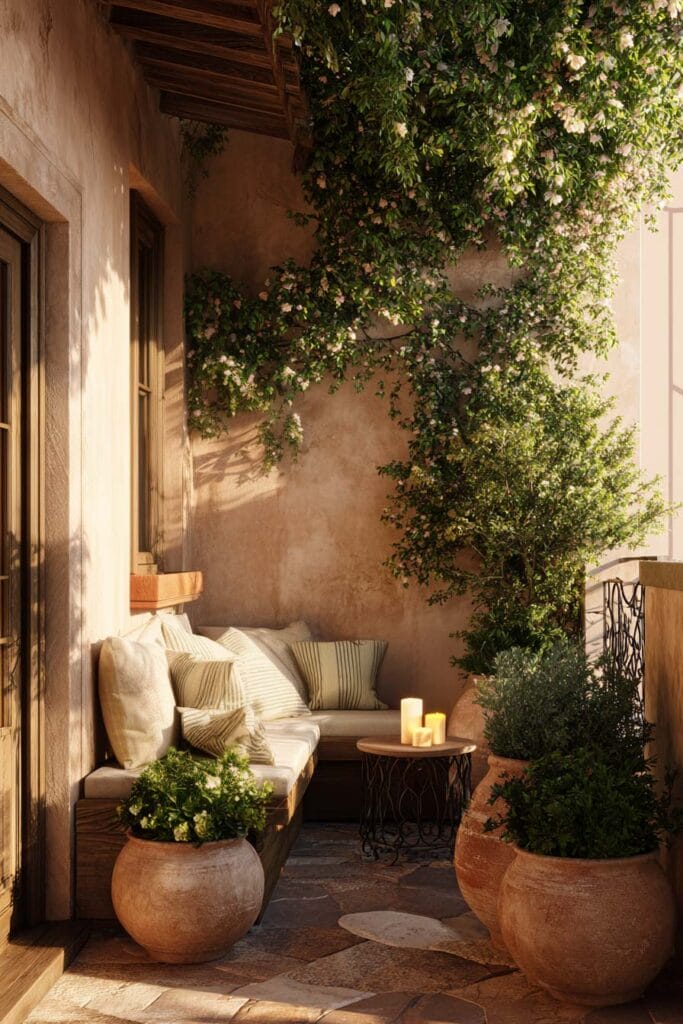 Private Mediterranean balcony with flowering climbing vines, terracotta pots, built-in bench seating, candlelight, and layered greenery creating a cozy outdoor retreat.