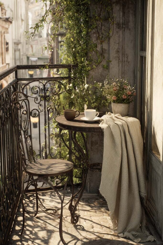 Small Paris balcony with wrought iron café table and chair, climbing vines, coffee cups, soft throw blanket, and classic French architecture