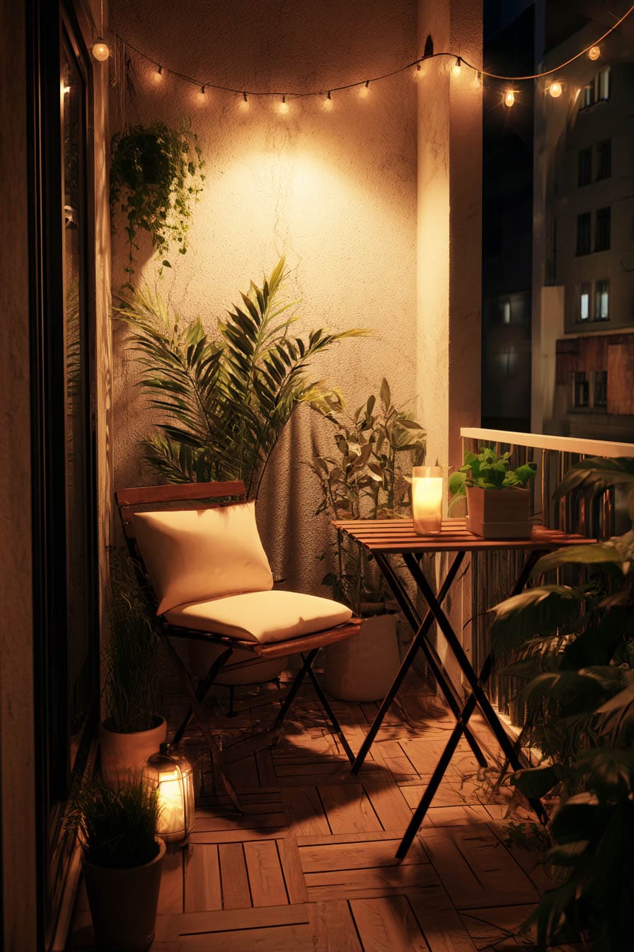 Tiny balcony with string lights, lantern, bistro table, plants, and cozy seating creating a warm outdoor retreat at night