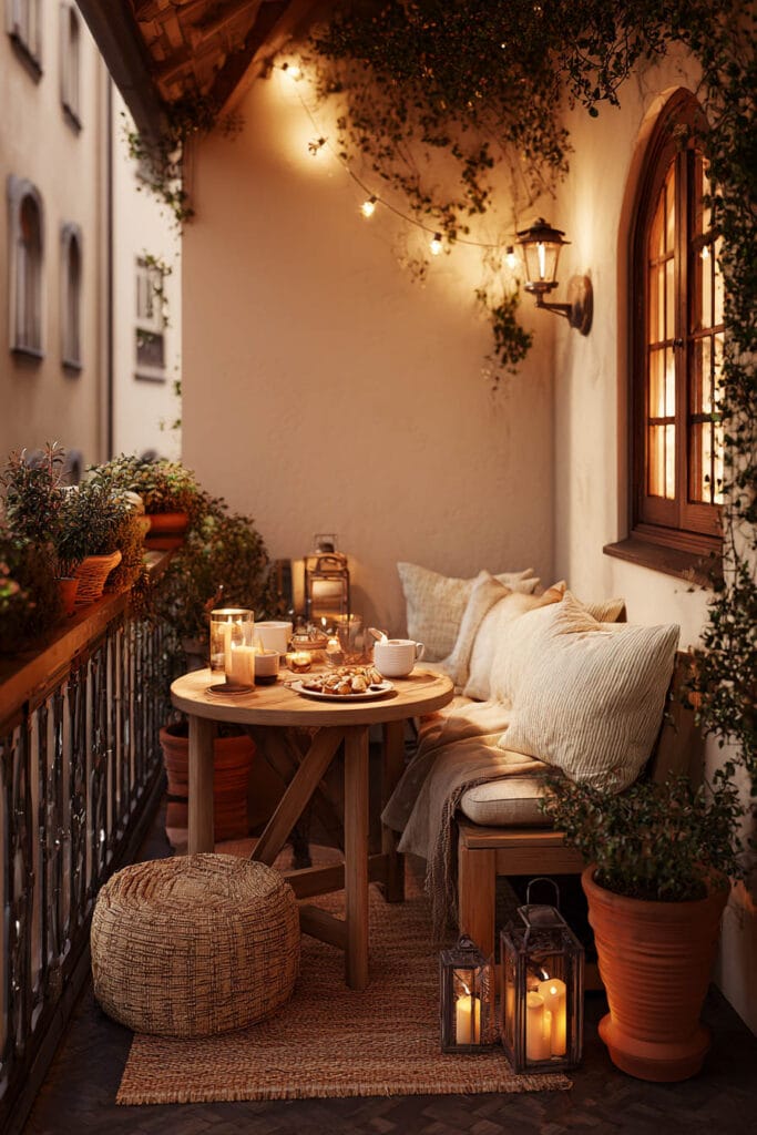 Tiny romantic balcony with small dining table, cozy bench seating, lantern candlelight, terracotta pots, and warm outdoor café decor.