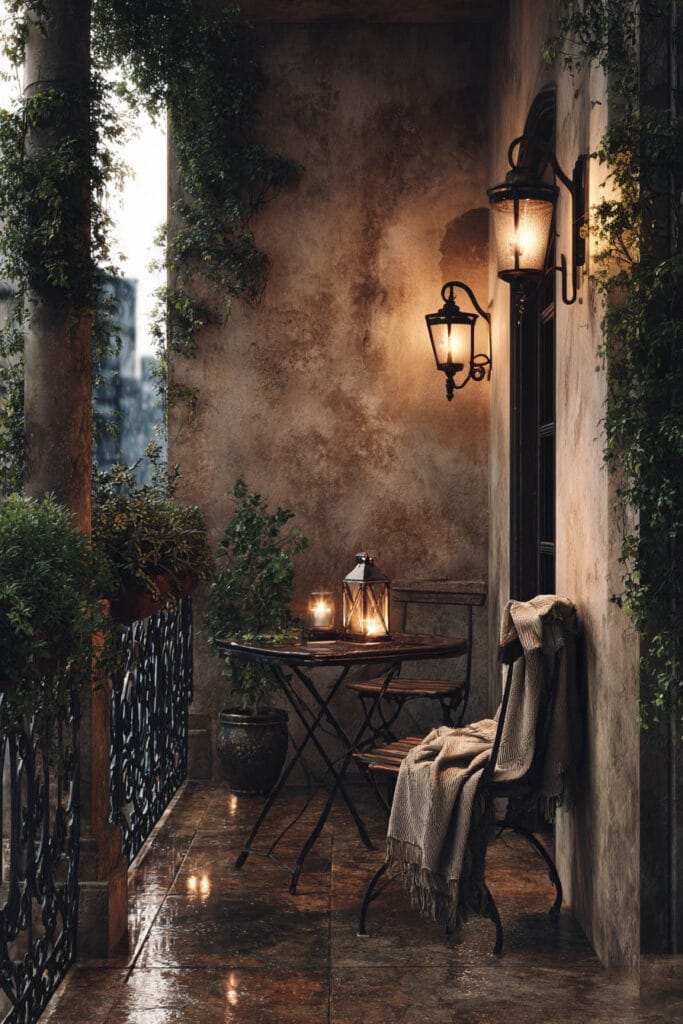 Vintage balcony with bistro table, lantern lighting, climbing greenery, wet flooring, and warm old-world evening ambiance.
