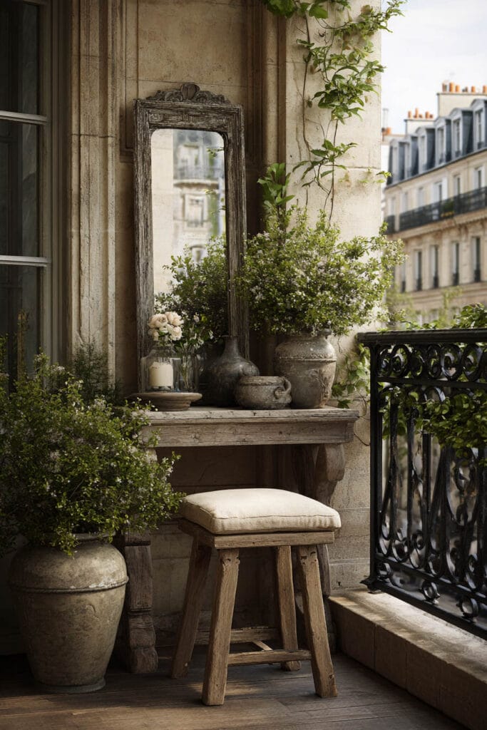 French balcony with weathered wood table, vintage mirror, antique pottery, greenery, wrought iron railing, and timeless Parisian decor.