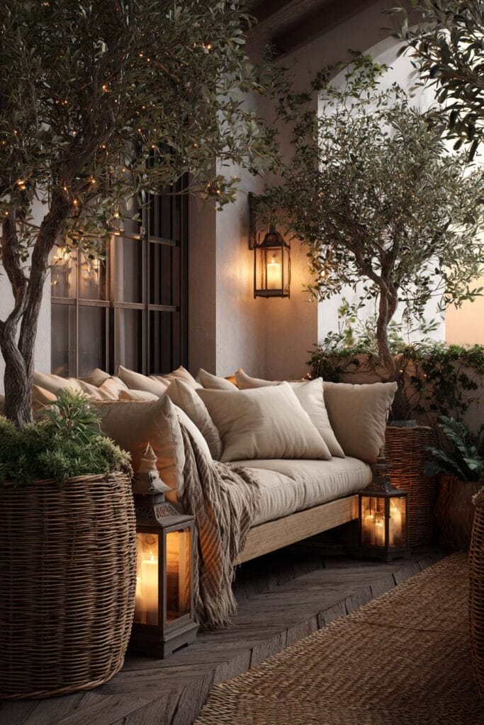 Warm neutral romantic balcony with olive trees, woven planters, lantern candles, beige cushions, and cozy outdoor seating.