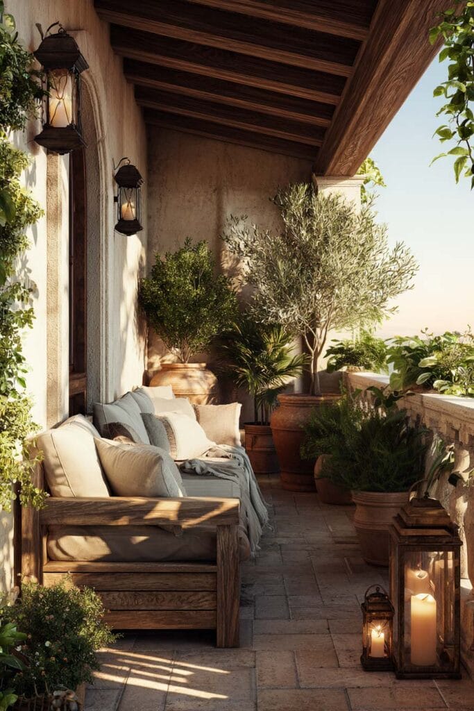 Mediterranean balcony with rustic wood sofa, terracotta pots, olive trees, lantern lighting, climbing vines, and warm timeless outdoor decor.
