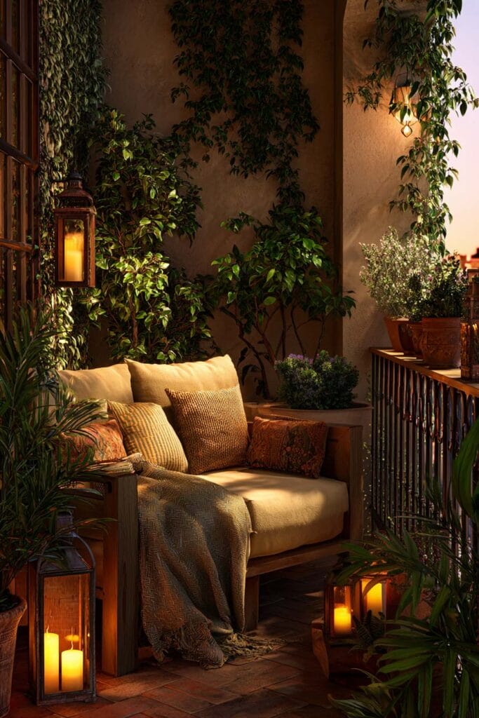 Cozy balcony with candle lanterns, warm wood seating, lush greenery, earthy pillows, and ambient evening lighting.