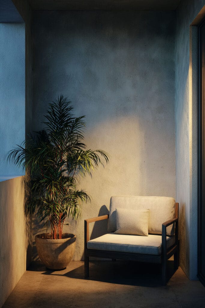 Minimalist balcony with warm wall lighting, modern lounge chair, potted palm, and clean contemporary outdoor design at night.