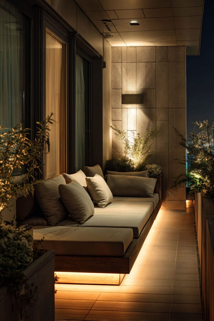 Modern luxury balcony with illuminated built-in seating, architectural wall lighting, integrated planters, and warm ambient lighting at night.