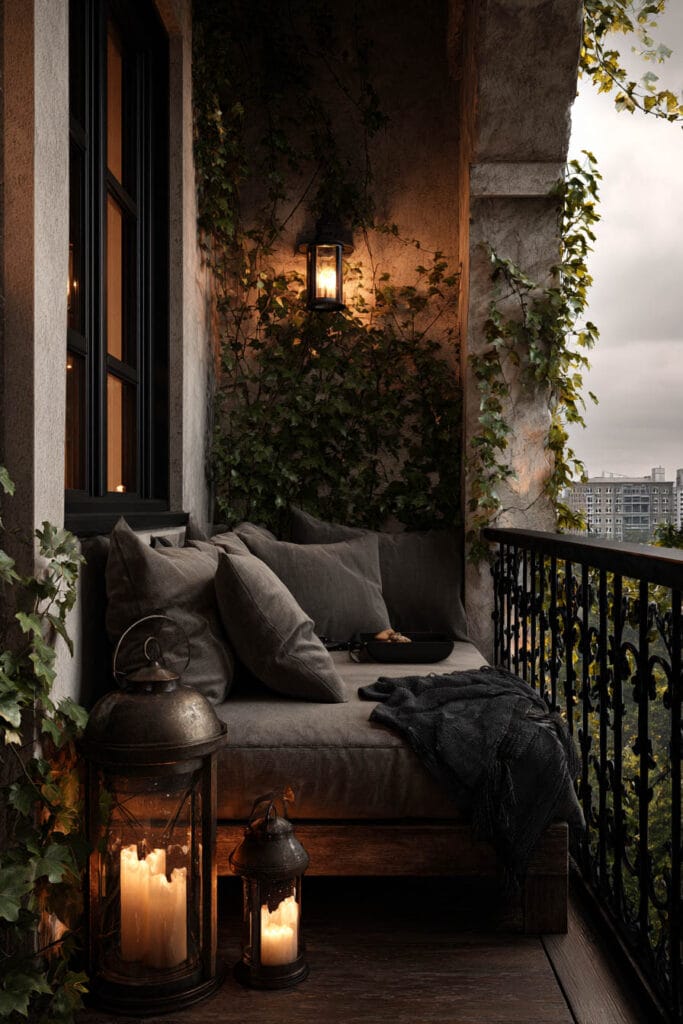 Moody balcony with vintage lanterns, climbing ivy, dark wood seating, candlelight, and old-world European-inspired outdoor decor.