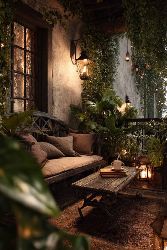 Moody private balcony with cascading greenery, lantern lighting, rustic coffee table, cozy seating, and lush tropical plants.