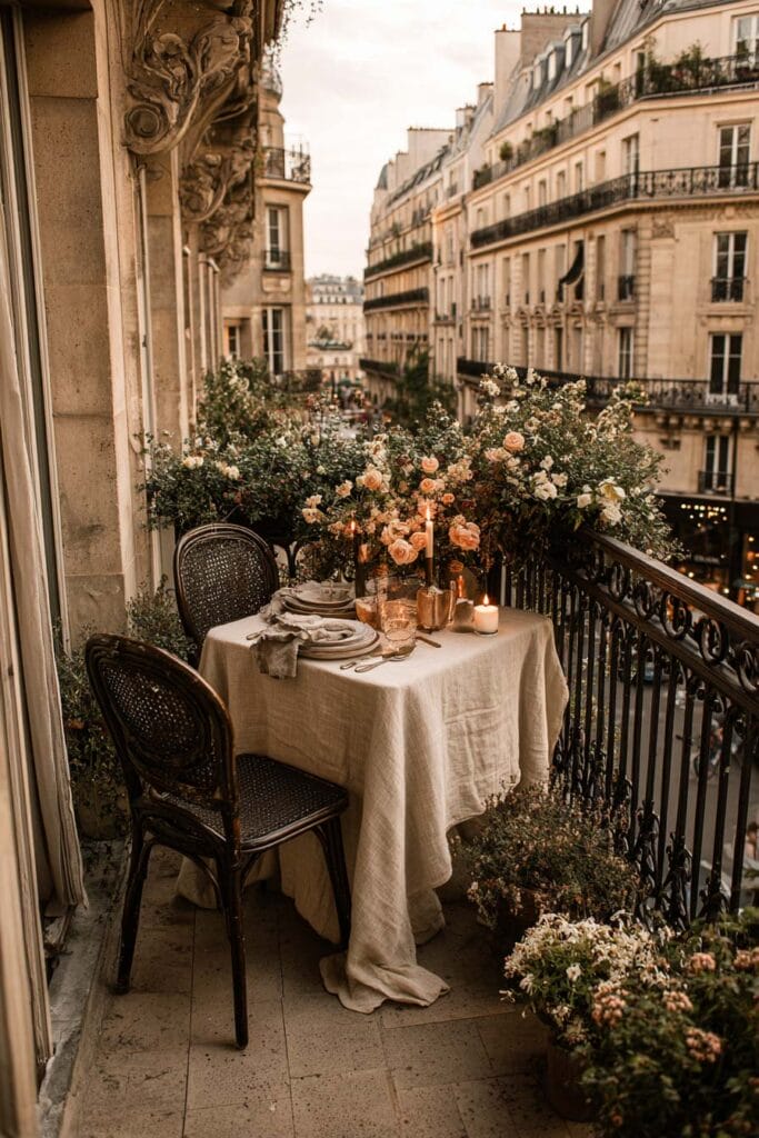 Paris balcony dining table with linen tablecloth, flowers, candlelight, bistro chairs, and hidden café atmosphere