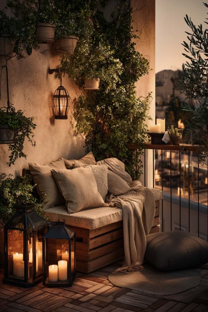 Romantic balcony with lantern candles, neutral cushions, climbing plants, cozy outdoor seating, and warm evening lighting