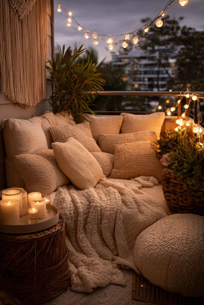Romantic balcony with soft textured pillows, cozy knit blanket, candlelight, string lights, woven furniture, and warm evening ambiance.