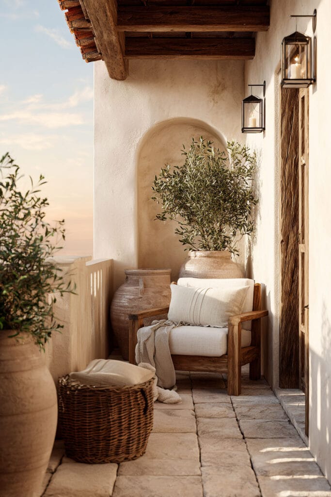 Mediterranean balcony with rustic wood chair, olive tree, terracotta pots, stone flooring, woven basket, lantern lighting, and neutral outdoor decor.