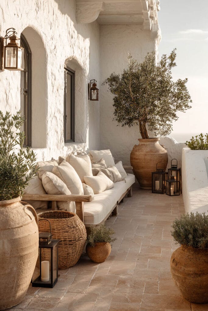 Mediterranean balcony with oversized terracotta pots, olive tree, rustic lanterns, white stucco walls, wicker basket, and neutral outdoor seating.