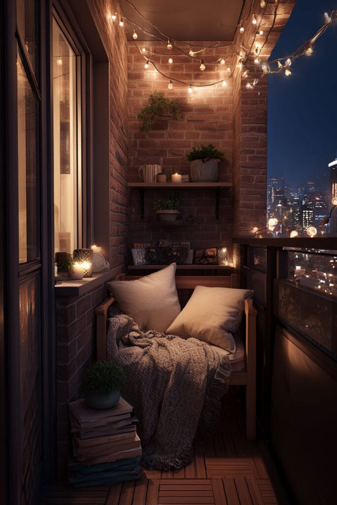 Tiny balcony with string lights, cozy chair, brick walls, candlelight accents, and city views creating a warm outdoor retreat at night