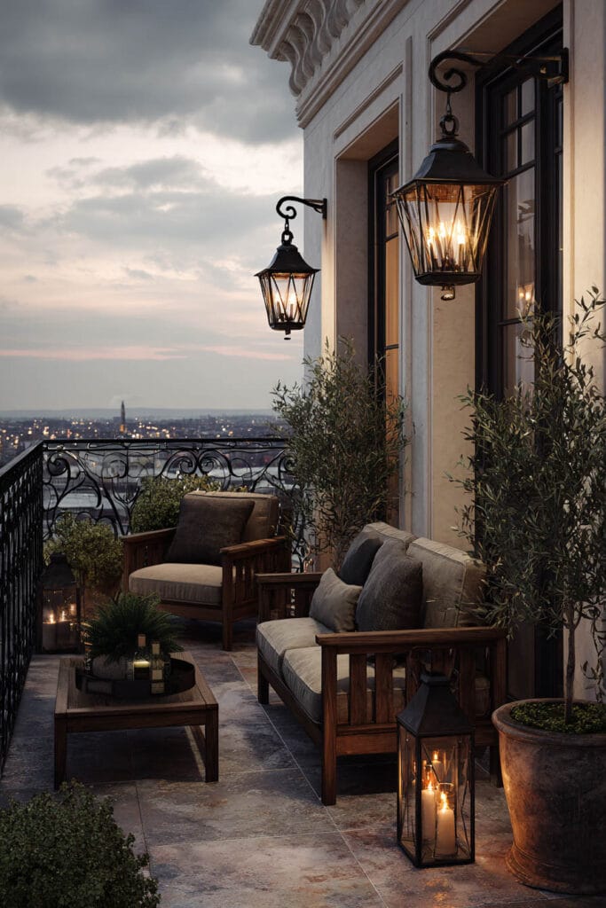 Vintage-style balcony with lantern sconces, wrought iron railing, candle lanterns, outdoor seating, and warm evening lighting.