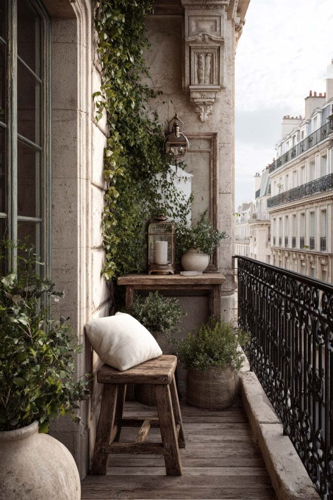 French balcony with weathered wood stool and table, antique lantern, climbing vines, woven planters, wrought iron railing, and classic Parisian architecture.