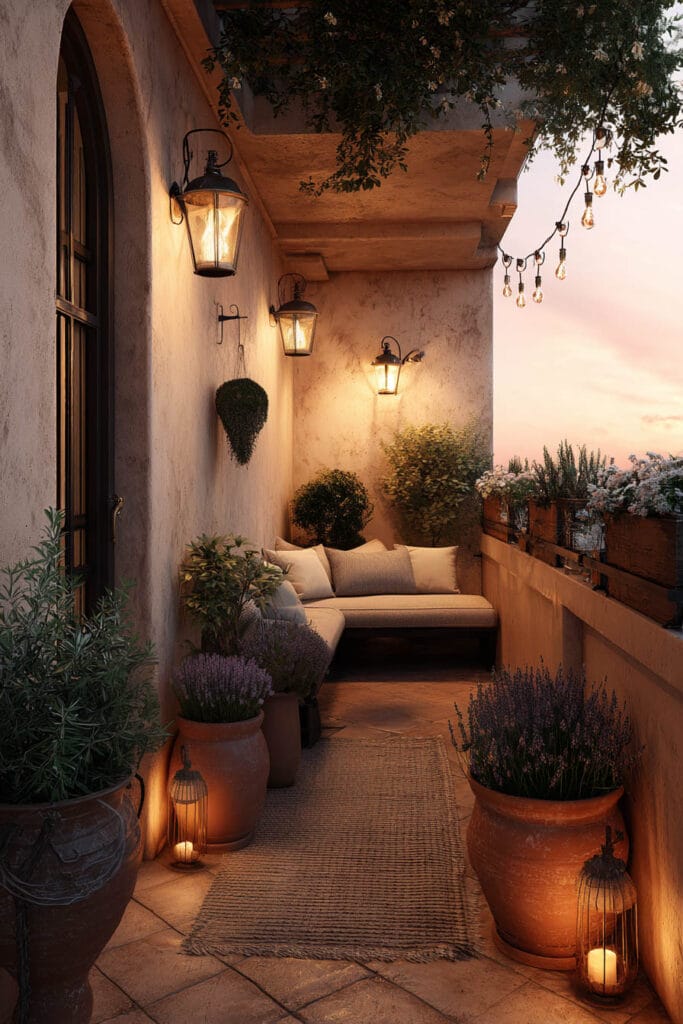 Mediterranean balcony at dusk with lantern wall lights, string lights, terracotta pots, lavender plants, candle lanterns, and cozy built-in seating.