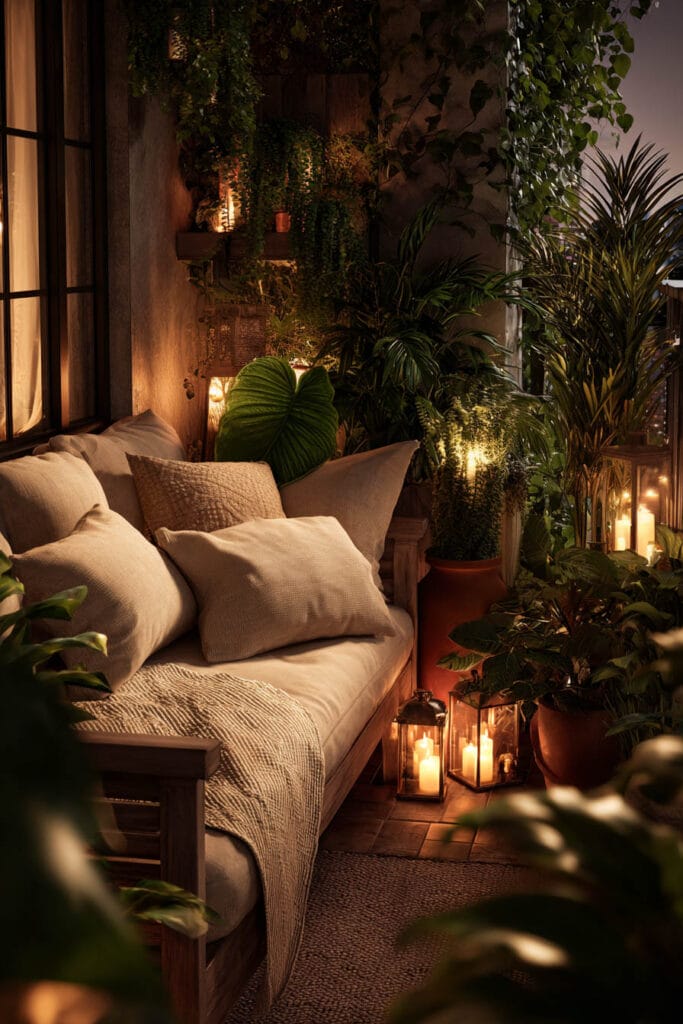 Cozy balcony with candle lanterns, lush potted plants, neutral outdoor seating, warm ambient lighting, and garden-inspired decor.