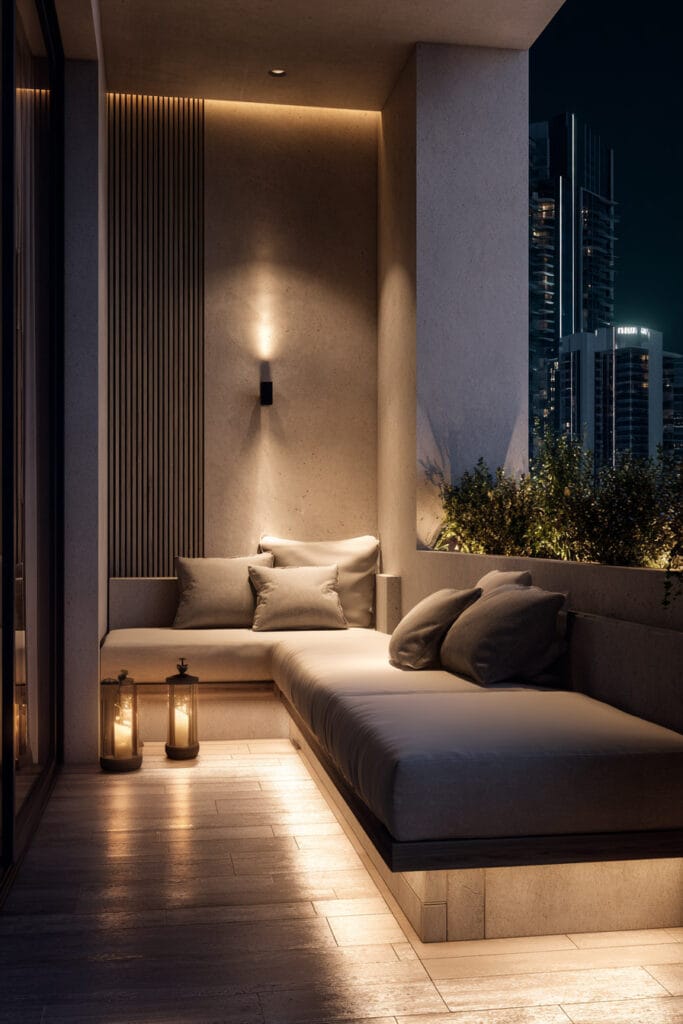 Luxury modern balcony with built-in lounge seating, concealed LED lighting, architectural wall sconces, lanterns, and upscale outdoor design at night.