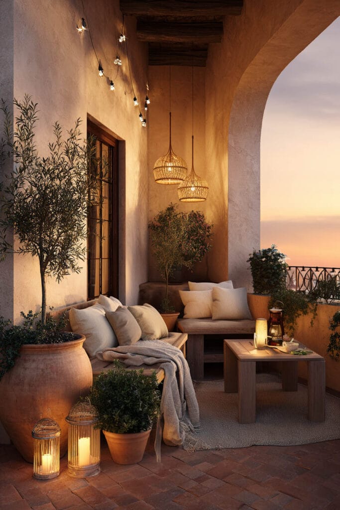 Mediterranean balcony with woven pendant lights, string lights, terracotta pots, olive trees, neutral outdoor seating, and warm evening ambiance.