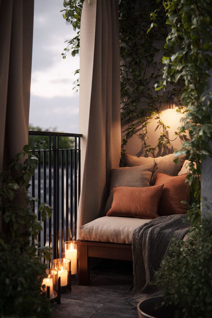 Moody private balcony with outdoor curtains, candlelight, climbing vines, cozy seating, neutral pillows, and warm ambient lighting.