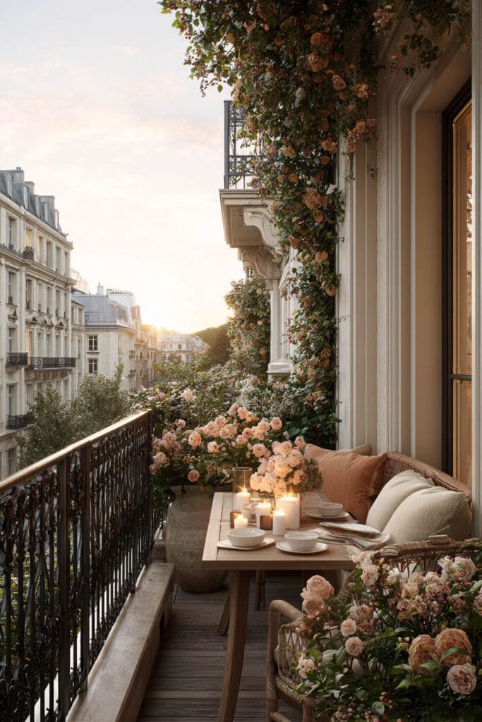 Paris balcony with flower-covered walls, candlelit dining table, built-in seating, and romantic hidden café atmosphere