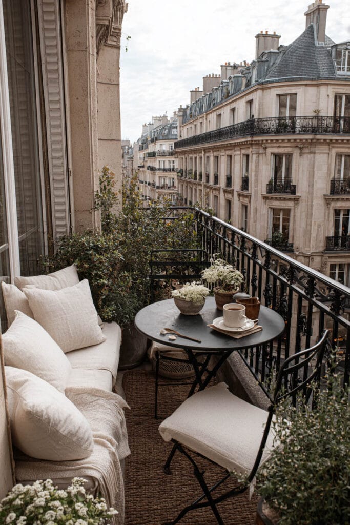 Paris balcony with neutral cushions, black bistro table, wrought iron railing, white flowers, and classic French city views